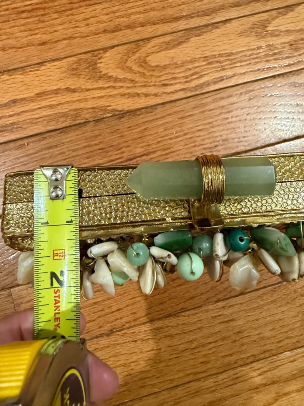 RAMLA(ZEINA)Gold Beaded Floral Accent Evening Bag - Green & Cream Embellishments - Picture 10 of 11